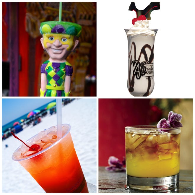 Clockwise from the top left, a Jester from Jester Mardi Gras Daiquiris, a Bushwacker from AJ's Seafood & Oyster Bar, a Mai Tai from Tommy Bahama, and a Sandollar from Sandestin Golf and Beach Resort.