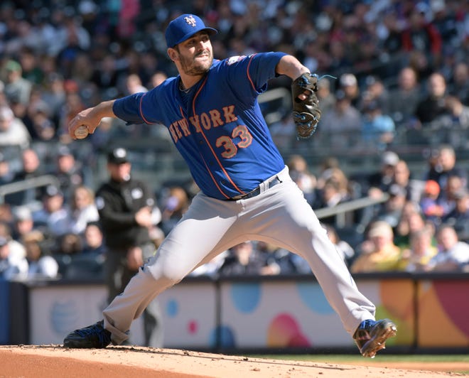 New York Mets pitcher Matt Harvey delivers the ball to the New York Yankees during the first inning of an interleague baseball game Saturday, April 25, 2015, at Yankee Stadium in New York. (AP Photo/Bill Kostroun)