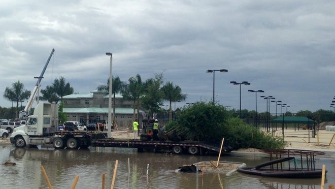 Workers transfer trees off a semi-truck so they can be planted at Wellington’s new tennis center off Lyons Road and Stribling Way. The center, which has been under construction since the fall, is set to open next month. (Kristen M. Clark / The Palm Beach Post)