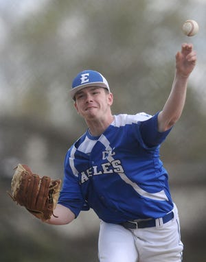 Conwell-Egan pitcher Joe DeVos (12) pitches during a game at home against Bishop McDevitt on Monday, April 27, 2015.