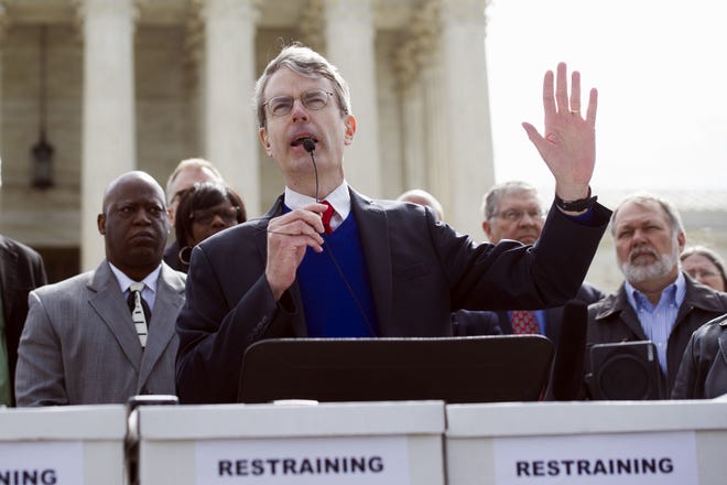 AP Photo/Cliff Owen Greg Quinlan of the New Jersey Family Policy Council, gestures while speaking at a Restrain the Judges news conference in front of the Supreme Court in Washington, Monday, April 27, 2015. The opponents of same-sex marriage are urging the court to resist embracing what they see as a radical change in society's view of what constitutes marriage.