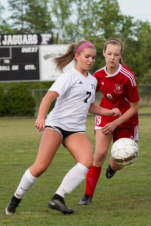 Forestview's Grace Goff keeps the ball away from South Point's Grace Russell during Monday's 7-0 Forestview win.