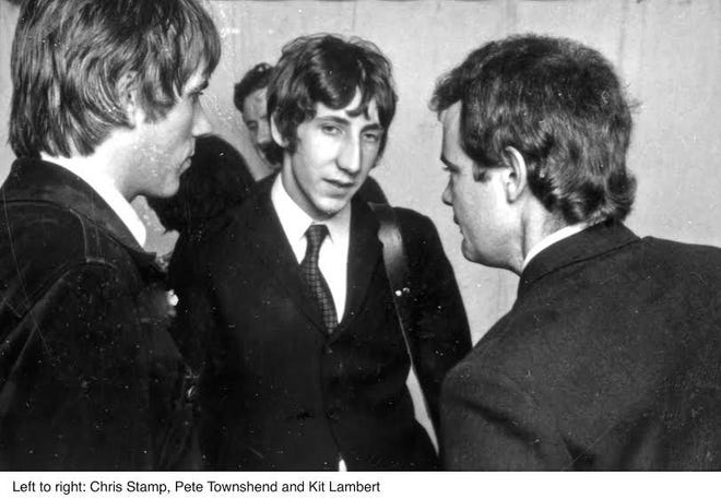 THE WHO with Chris Stamp at left. Pete Townshend and Kit Lambert at Windsor Jazz Festival in 1966