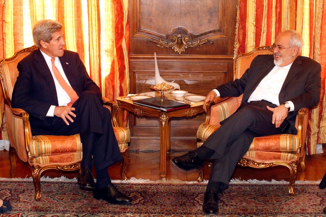 U.S. Secretary of State John Kerry, left, meets with Iran's Foreign Minister Mohammad Javad Zarif on Monday in New York.