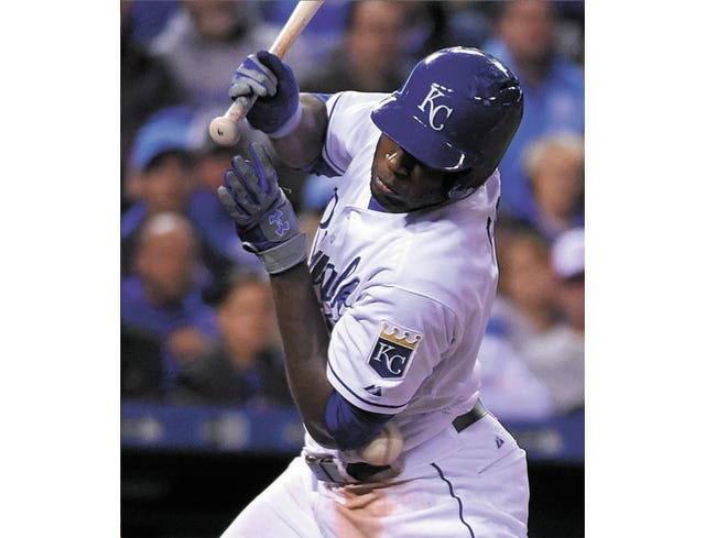 The Kansas City Royals’ Lorenzo Cain is hit by a pitch from Minnesota Twins pitcher Mike Pelfrey in the fifth inning last Wednesday, at Kauffman Stadium in Kansas City, Mo. John Sleezer/Kansas City Star/TNS