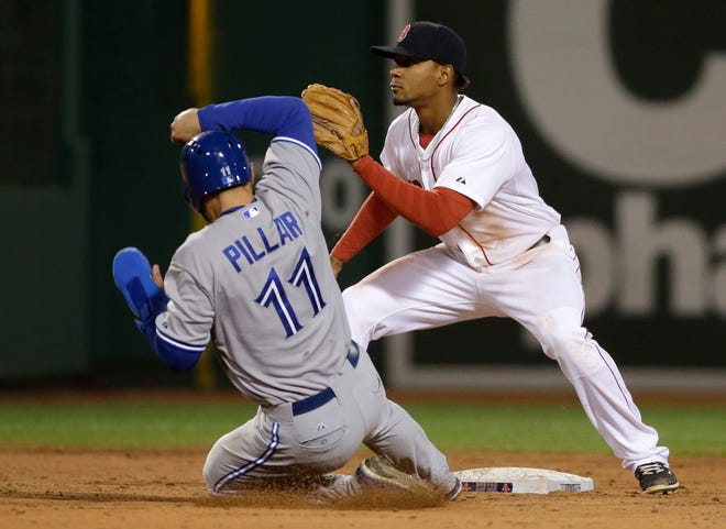 Toronto's Kevin Pillar, left, steals second base as Boston's Xander Bogaerts waits for the ball in the fifth inning.