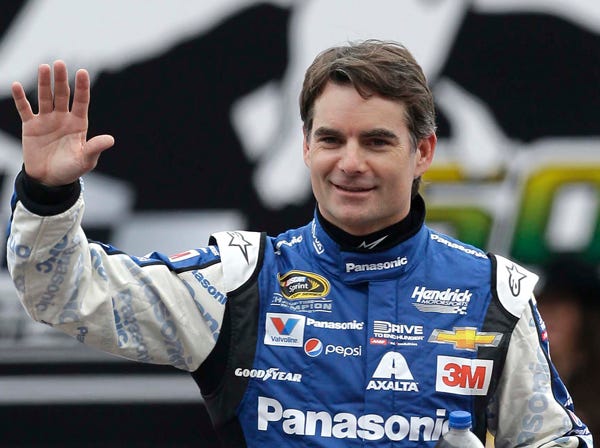Sprint Cup Series driver Jeff Gordon waves during introductions before the NASCAR Sprint Cup race at Texas Motor Speedway in Fort Worth, Texas, on April 11. Gordon learned Wednesday he will get to drive the pace car for the 
Indianapolis 500 on May 24. (Ralph Lauer | Associated Press)