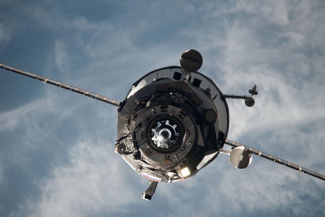 In this Feb. 5, 2014 photo provided by NASA, an ISS Progress resupply vehicle approaches the International Space Station. On Wednesday, April 29, 2015, NASA and the Russian Space Agency declared a total loss on an unmanned Progress capsule, carrying 3 tons of goods to the station. The spacecraft began tumbling when it reached orbit Tuesday, following launch from Kazakhstan, and flight controllers were unable to bring it under control.