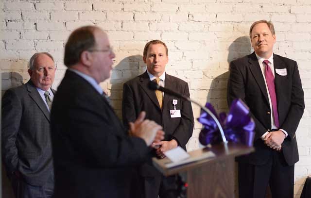 From left, Gary Black, CEO of Lenoir Memorial Hospital; Hayes Woollen, Novant Health’s senior vice president of Physician Services; and Patrick Easterling, Novant Health Shared Services’ president, listen to Ray Collier, Lenoir Memorial’s board chairman, at the celebration of the two medical facilities’ partnership.