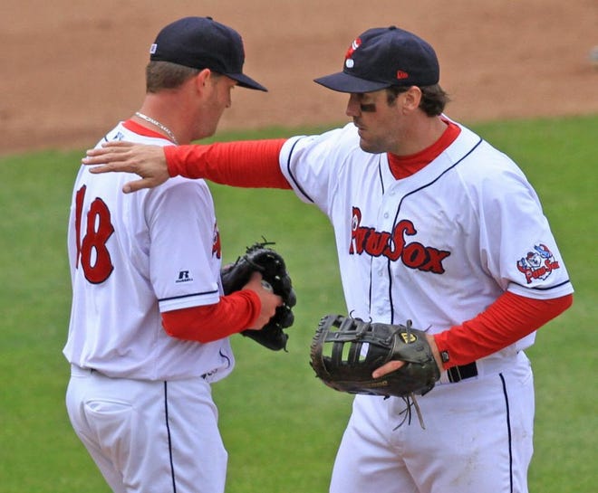 Pawtucket first baseman Luke Montz, right, pats pitcher Steven Wright on the back in the fifth inning on Thursday.