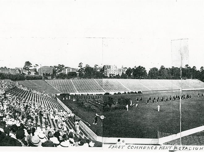 Text on this historical photograph indicates it shows the first commencement in the stadium at the University of Florida in June 1937.
