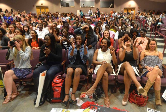 Students cheer on classmates during decision day at Clarke Central High School on Friday, May 1, 2015 in Athens, Ga.  (Richard Hamm/Staff) OnlineAthens / Athens Banner-Herald