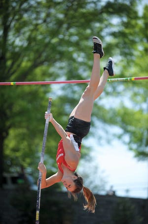 "Morgan Leleux vaults during the Spec Towns Invitational Track and Field Meet on Saturday, April 11, 2015 in Athens, Ga. (Photo by Sean Taylor)"