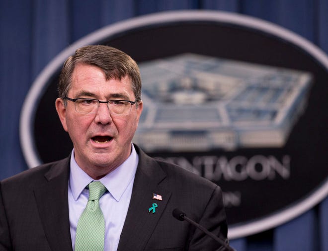 U.S. Defense Secretary Ash Carter speaks at the Pentagon during a news conference Friday to discuss the Defense Department's annual report on sexual assault in the military.