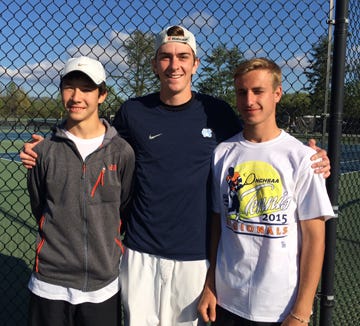 Shelby High athletes turned in high finishes at the 2A West Regional tennis championships Saturday in Brevard. The Golden Lions’ doubles team of Kenji Price (left) and Aaron Assad brought home championship honors. Marshall Parker, center, placed second in singles. (Special to The Star)