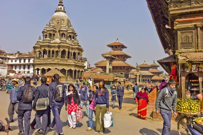 Royal palaces and temples of Patan's Durbar Marg, one of the three royal squares leveled by the earthquake. PHILIP LIEBERMAN