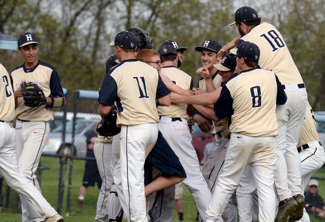 Hopewell celebrates winning its game against Central Valley 3-0 on Monday afternoon.