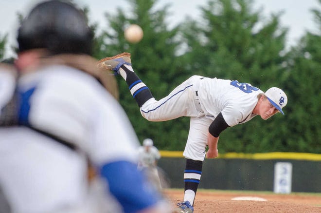 Oconee's Brandon Frankum (33) pitches the ball during a region 8-AAA GHSA high school baseball game between Oconee County and Elbert County at Arrowhead Park in Watkinsville, Ga., on Tuesday, April 14, 2015.