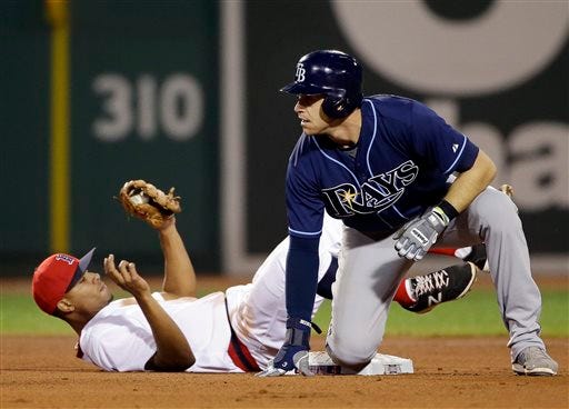 Red Sox short stop Xander Bogaerts holds onto the ball after the Rays' Evan Longoria is forced out at second base Tuesday during the fourth inning of Tampa Bay's 2-0 loss in Boston.