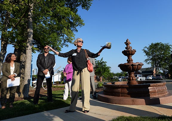 Ann Honeycutt of Burlington-Alamance Sister Cities speaks during a fountain dedication ceremony in Graham on Tuesday. Photo by Steve Mantilla / Times-News