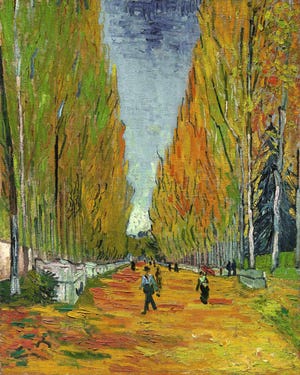 CORRECTS NAME OF PAINTING TO "THE ALLEE OF ALYSCAMPS, INSTEAD OF THE ALLEE OF ALYSCAMPSIS - This undated photo provided by Sotheby's shows the Vincent van Gogh painting, "The Allee of Alyscamps" that the auction house predicts will fetch more than $40 million when it is auctioned in New York on Tuesday, May 5, 2015. It depicts a lush autumnal scene that the artist created in 1888 while working side-by-side for two months with his friend Paul Gauguin in Arles, in the south of France. (Sotheby's via AP)