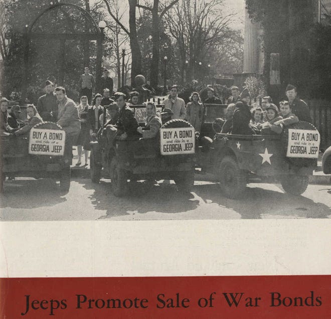 In this undated photo, Georgia Jeeps war bonds for sale during World War II near the UGA Arch. (University of Georgia/Submitted)
