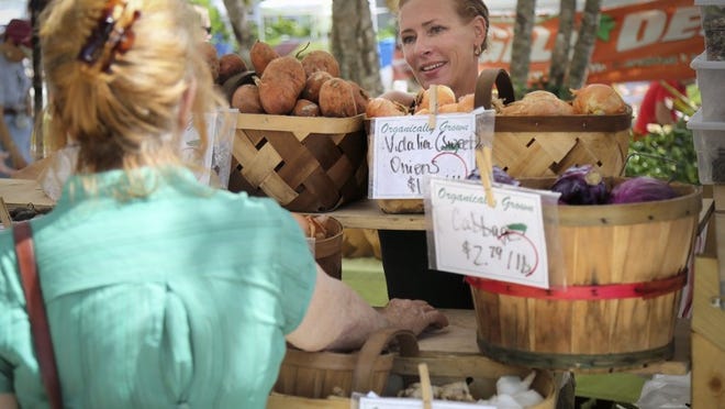 Veronica Niebur (right) speaks to a customer at the stand of Ms. V’s Organics at the West Palm Beach GreenMarket. (Bruce R. Bennett / The Palm Beach Post 2014)