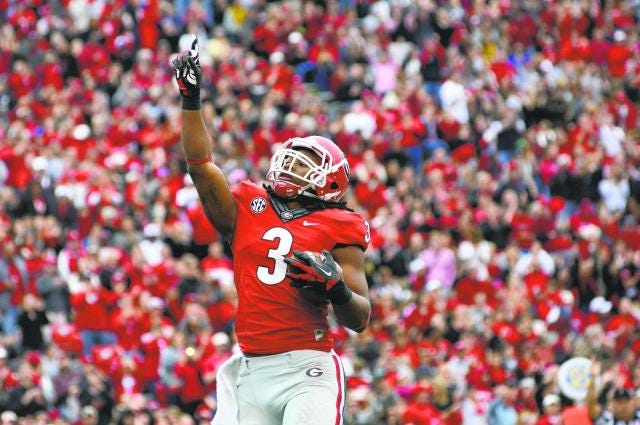 Georgia running back Todd Gurley (3) celebrates a touchdown for Georgia.
