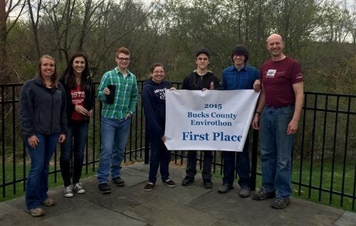 Team One of environmental science students from Neshaminy High School recently captured the Bucks County Envirothon. They now head to the state competition at the University of Pittsburgh later in May 2015. Pictured from left: Jessica Salter, a forester with the state's DCNR, Neshaminy High School students Diana Maher, Patrick McCormick, Ashley Sked, Kevin Faccenda and Cole Tiemann, and NHS science teacher Brian Suter, who serves as an adviser to the students.