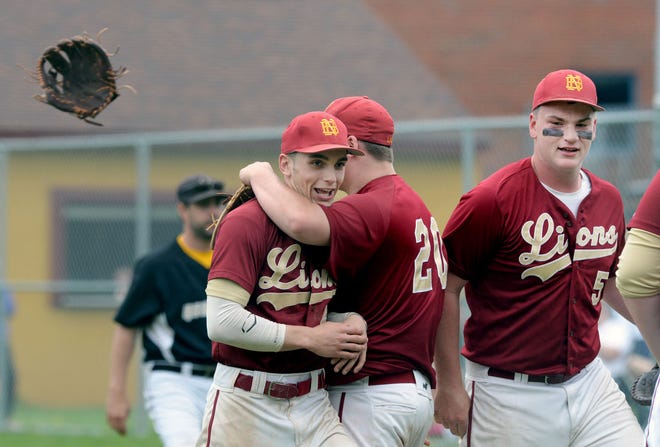 New Brighton's Jesse Sabol, R.J. Debo (20) and Colin Lohle (5) celebrate after one of their three wins this week.