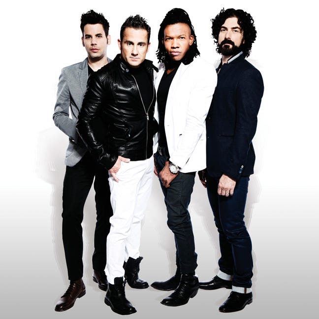 Newsboys includes, from left, Jeff Frankenstein, Duncan Phillips, Michael Tait and Jody Davis. The Christian band’s “We Believe God’s Not Dead” tour is part of the Sonrise Festival on Saturday at White Oak Amphitheatre in Greensboro.