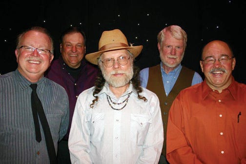 The Bluegrass Experience includes, from left, Stan Brown, Keith Thomas, “Snuffy” Smith, Tommy Edwards and Michael Aldridge. The band performs Friday in Burlington as part of the Sunset Rhythms portion of the Musical Chairs concert series.