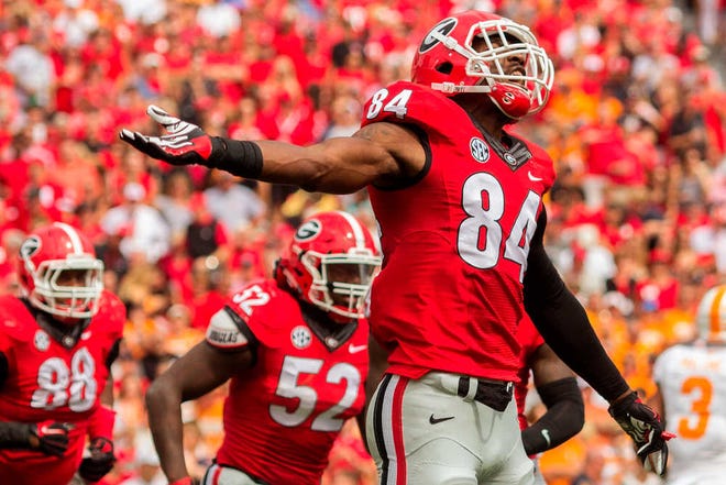 Georgia linebacker Leonard Floyd (84) celebrates after a tackle during a NCAA football game between Georgia and Tennessee in Athens, Ga., on Saturday, Sept. 27, 2014.