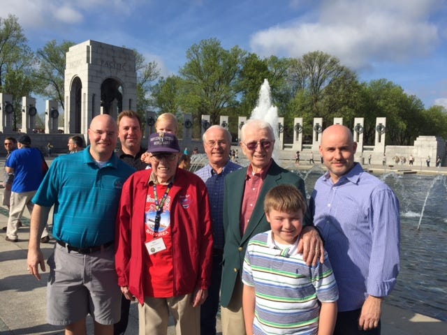 Four generations of Bardens visited the WWII Memorial in Washington DC. In front from left: Marcus Whitman teacher Tom Barden, WWII Veteran Kenneth Barden, George Barden, Gerald Barden, Tommy Barden, and Peter Barden.