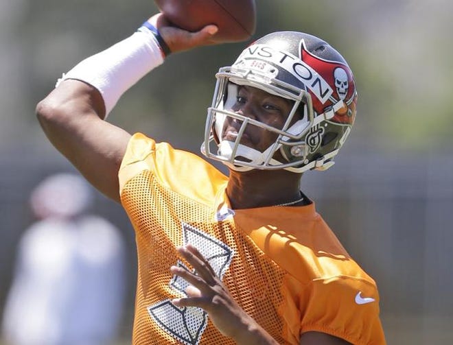 Tampa Bay Buccaneers quarterback Jameis Winston throws during drills at an NFL rookie minicamp in Tampa, Fla., Friday, May 8, 2015.
