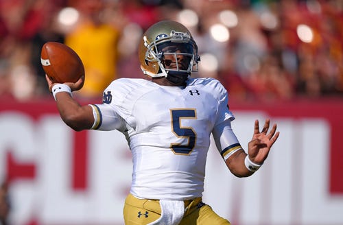Notre Dame quarterback Everett Golson prepares to pass during the first half of an NCAA college football game against Southern California, Saturday, Nov. 29, 2014, in Los Angeles.
