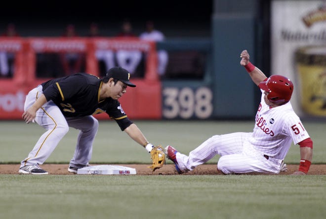 Pittsburgh's Jung Ho Kang tags out the Philles' Carlos Ruiz on a steal attempt in the third inning Tuesday in Philadelphia.