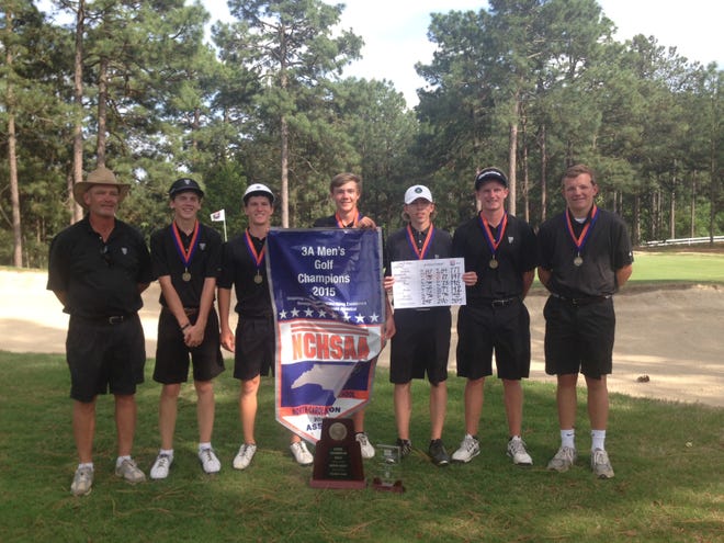 Forestview's state championship golf team is, from left, coach Dan Ghent, Madison Duffie, Avery Price, Will Booker, Austin Sandford, Drew Jurs and Ian Cherry.