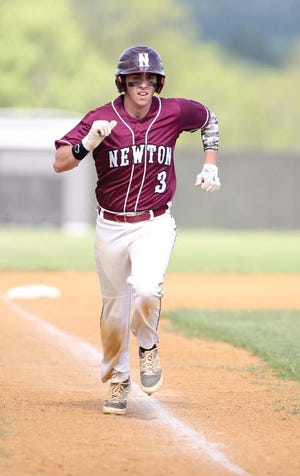 Photo by Jake West/New Jersey Herald — Newton’s Jon Bernotas runs home in the first inning against Wallkill Valley on Tuesday afternoon in Hardyston. The Braves beat the Rangers, 9-2.