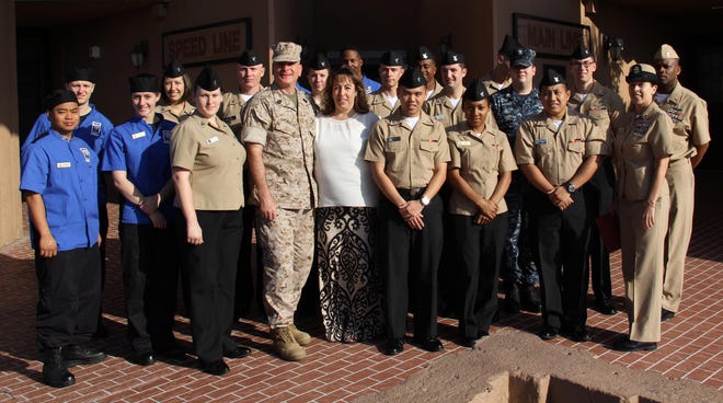 Marine Corps Sgt. Maj. Bryan Battaglia, Senior Enlisted Advisor to the Chairman of the Joint Chiefs of Staff and his wife, Lisa (center), visited with Sailors aboard NAS Jacksonville during a planned trip to the base on May 4.