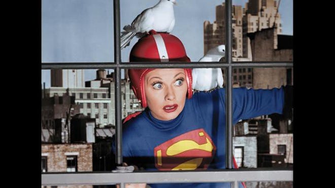 I LOVE LUCY SUPERSTAR SPECIAL, a new one-hour special featuring two colorized back-to-back classic episodes of the 1950s series will be broadcast Sunday, May 17 (8:00-9:00 PM, ET/PT) on the CBS Television Network. In this photo from ìLucy and Superman,î Lucy and longtime friend and rival Caroline Appleby want to schedule their childís birthday party on the same afternoon. Lucy finally ìwinsî the battle by promising that TV super-hero Superman will appear at Little Rickyís party. However, things take a hilarious turn when the ìMan of Steelî has a scheduling problem and Lucy decides to replace him. ìLucy and Supermanî originally aired January 14, 1957