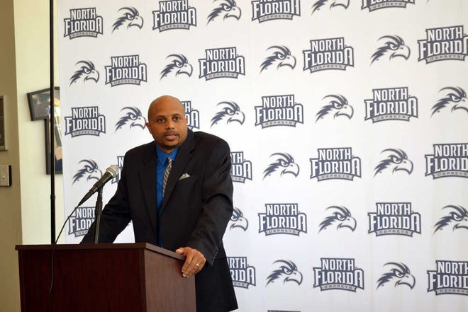 UNF Athletic Communications New University of North Florida women's basketball head coach Darrick Gibbs speaks to the media and fans during an introductory news conference Thursday.