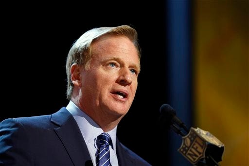 In this Thursday, April 30, 2015 file photo, NFL commissioner Roger Goodell speaks during the first round of the 2015 NFL Football Draft in Chicago. NFL Commissioner Roger Goodell said Thursday night, May 14, 2015 he will personally hear the suspension appeal of Super Bowl MVP Tom Brady, who challenged the league's punishment for his role in using deflated footballs during the AFC championship game .(AP Photo/Charles Rex Arbogast, File)