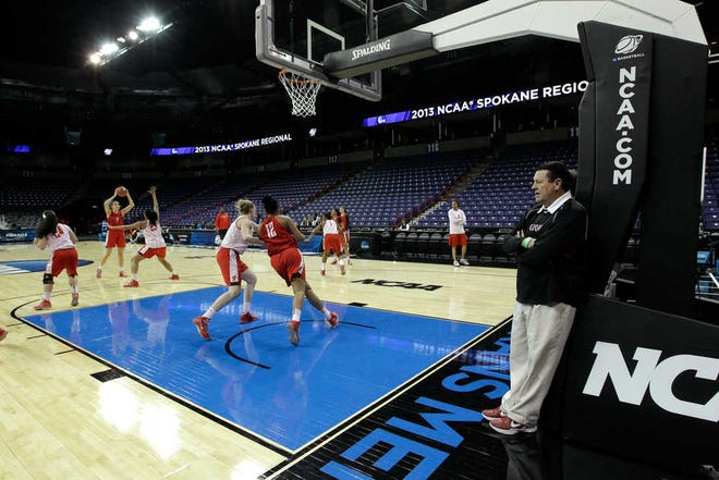 Georgia head coach Andy Landers, right, looks on during practice for a regional semifinal game in the women's NCAA college basketball tournament Friday, March 29, 2013, in Spokane, Wash. Georgia plays Stanford on Saturday.