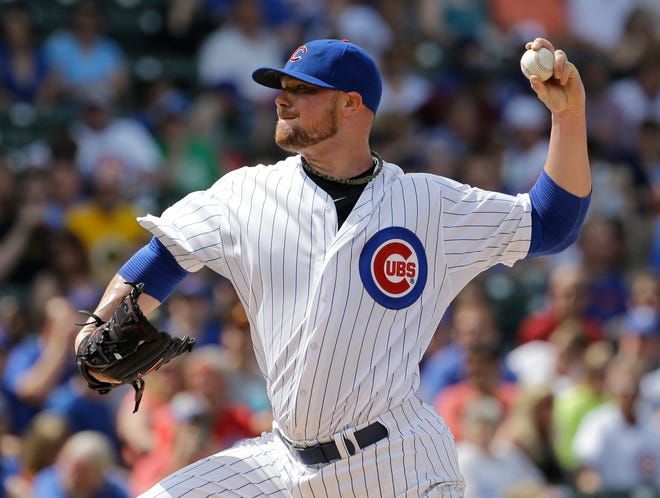 Chicago Cubs starter Jon Lester throws a pitch against the Pittsburgh Pirates during the first inning of a baseball game Saturday, May 16, 2015, in Chicago. (AP Photo/Nam Y. Huh)