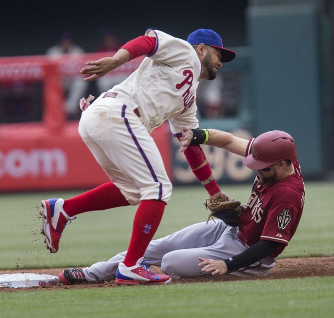 Arizona's Ender Inciarte steals second before Phillies shortstop Andres Blanco can make the tag in the third inning Sunday in Philadelphia.