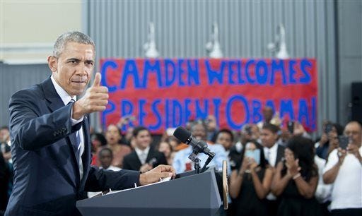 President Barack Obama speaks at the Ray and Joan Kroc Corps Community Center in Camden on Monday.