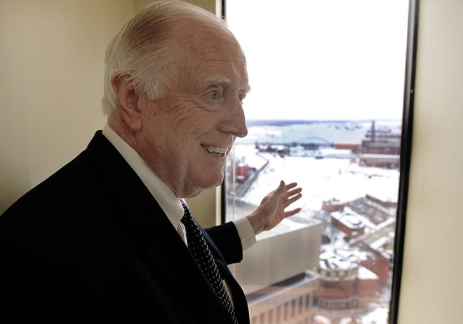 James Skeffington, on Feb. 23, pointed to the area outside his downtown Providence law office where he wanted to see the Pawtucket Red Sox build a stadium. The Providence Journal/Glenn Osmundson