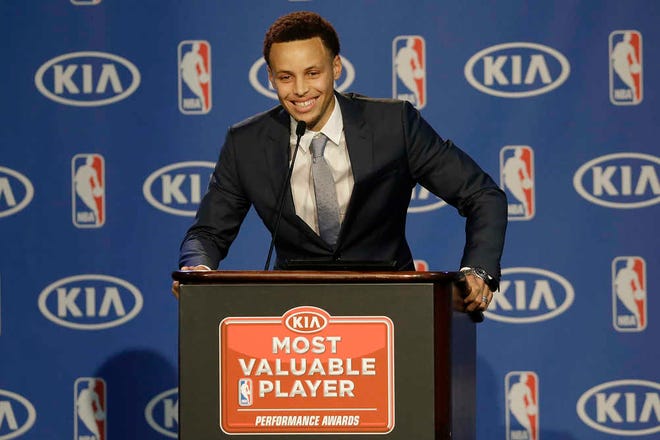 Golden State Warriors guard Stephen Curry speaks at a news conference announcing him as the NBA Most Valuable Player in Oakland, Calif., Monday, May 4, 2015. Curry won the league's top individual award Monday, beating out Houston's James Harden in a race that turned out not to be that close. (AP Photo/Jeff Chiu)