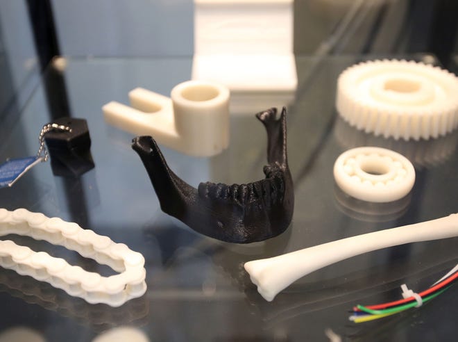 3-D-printed items are on display on a shelf. The Millaway Institute for Entrepreneurship was created to assist innovators in the community and help transform their ideas into commercial products.